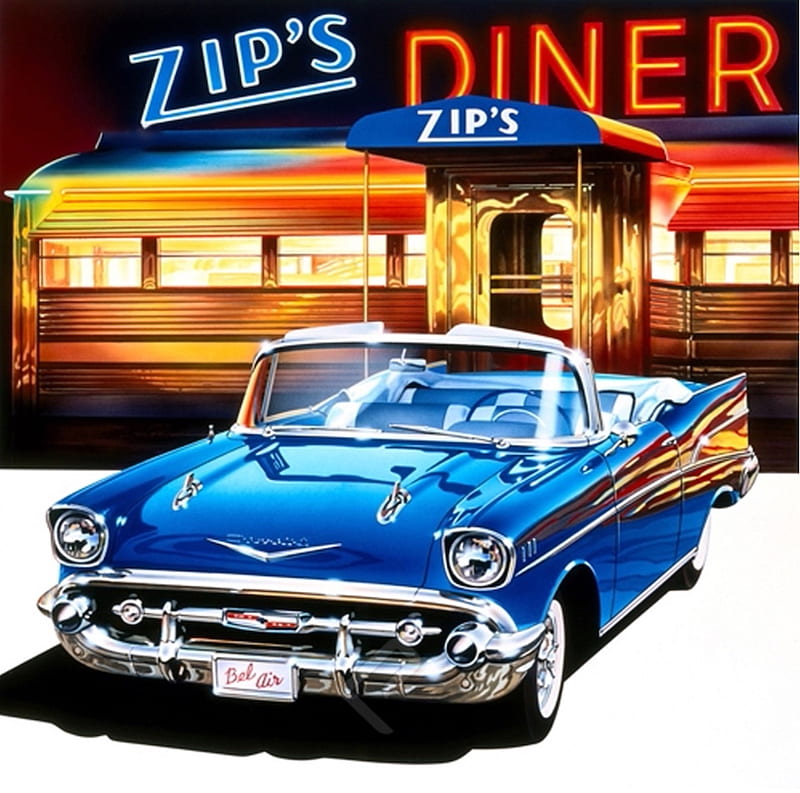 Chevrolet Bel Air '57 at Zip's Diner, chevrolet, painting, chevy, diner, blue, vintage, HD wallpaper