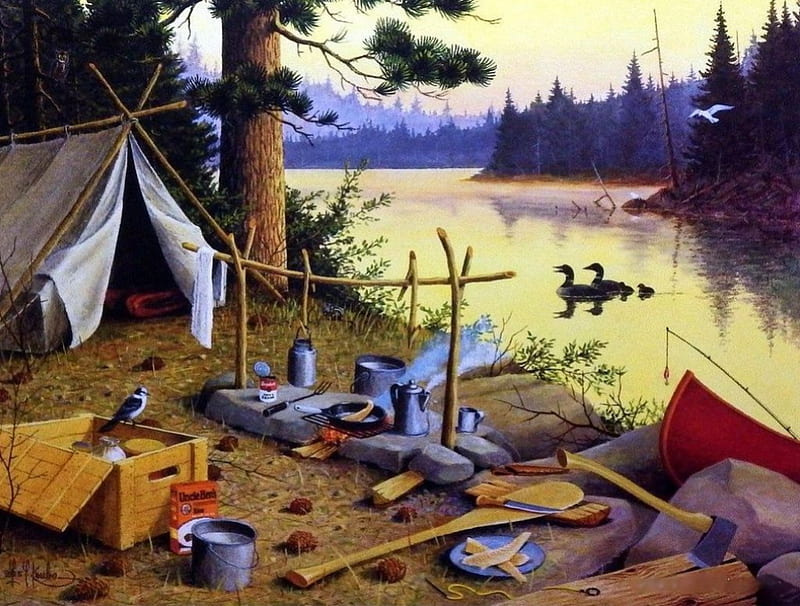 Camp Visitors, utensils, painting, ducks, tent, river, trees, artwork, HD wallpaper