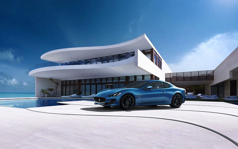 Maserati GranTurismo, 2018, blue sports car, sports coupe, blue GranTurismo, Italian cars, modern country house, modern architecture, Maserati, HD wallpaper