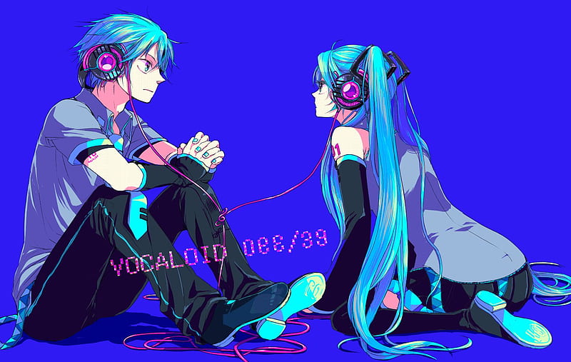 Miku and Mikuo, headsets, hatsune miku, anime, vocaloids, mikuo, blue, HD wallpaper