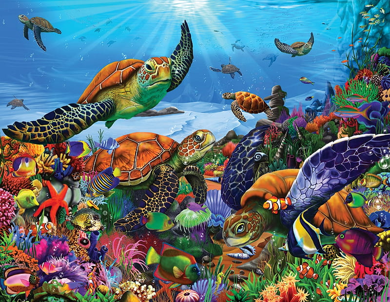 Amazing Sea Turtles, colorful, puzzle, turtle, sea, HD wallpaper