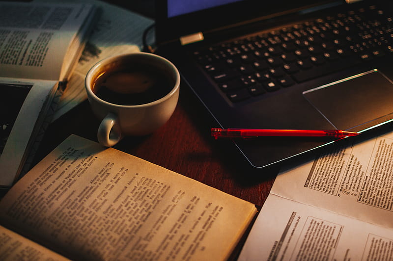 cup, coffee, books, pen, laptop, HD wallpaper