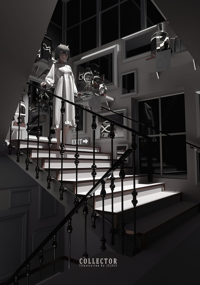 anime girl, stairs, white dress, short hair, big house, Anime, HD phone wallpaper