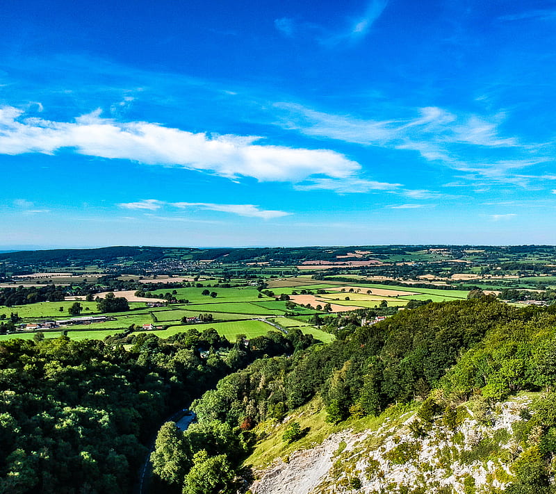 Cheddar Gorge, blue sky, breath, cliffhouses, clouds, drone, from air, green, horizon, landscape, life, natural, nature, oxygen, graphy, rock, trees, uk, HD wallpaper