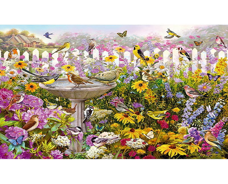 Dawn chorus., fence, house, birdbath, spring, animal, butterfly, bird, flower, garden, HD wallpaper
