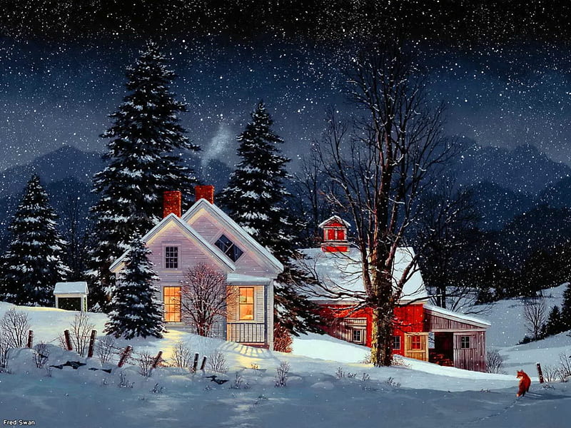New year night, colorful, house, cottage, cabin, eve, lights, cold, mountain, darkness, painting, village, frost, night, stars, calmness, holiday, christmas, new year, trees, mood, winter, noel, serenity, snow, peaceful, crystal, nature, frozen, HD wallpaper