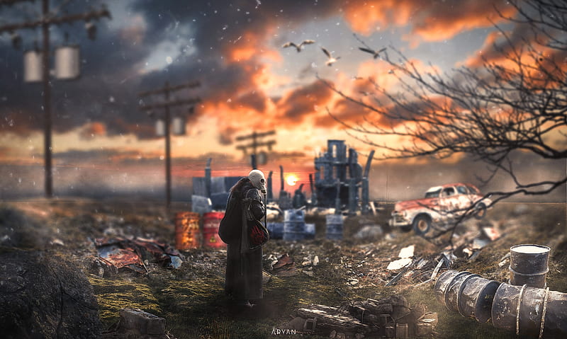 Ruin, blast, city, explosion, landscape, nuclear, sunset, HD wallpaper
