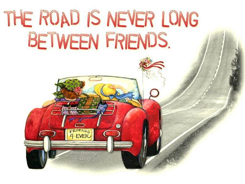 Friends 4 Ever, saying, red car, luggage, flowers, road, friends, HD wallpaper