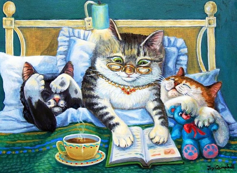 Bedtime Story Reader, book, painting, cubs, cat, artwork, bed, HD wallpaper