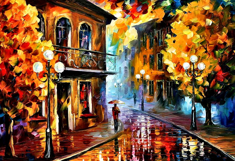 Fall Rain, art, Leonid Afremov, bonito, abstract, illustration, artwork, Afremov, painting, wide screen, scenery, HD wallpaper