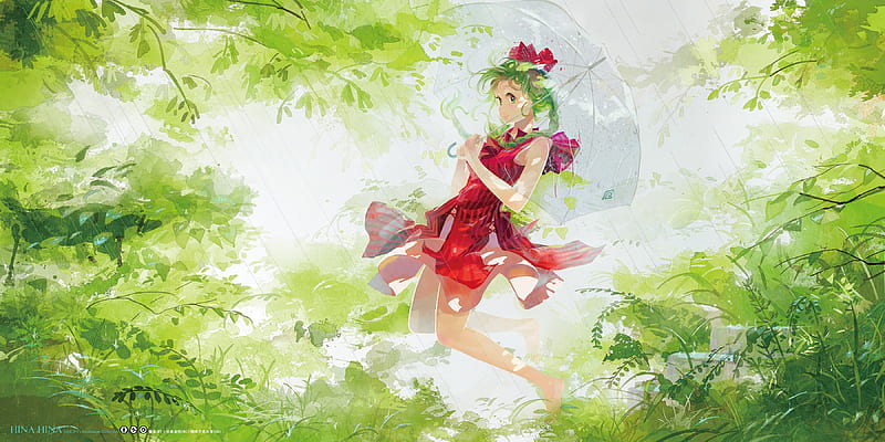 anime, manga, touhou, umbrella, art, red, luminos, vara, girl, summer, rain,  HD wallpaper | Peakpx