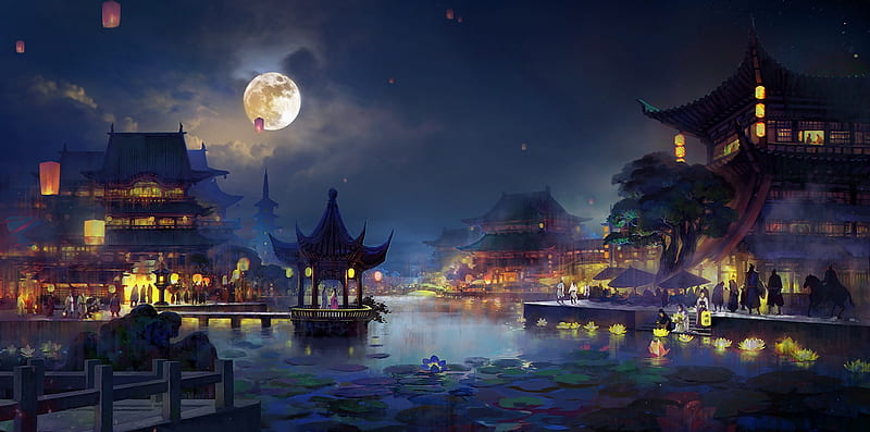 Yanjing city, art, world, frumusete, luminos, moon, fantasy, city ...