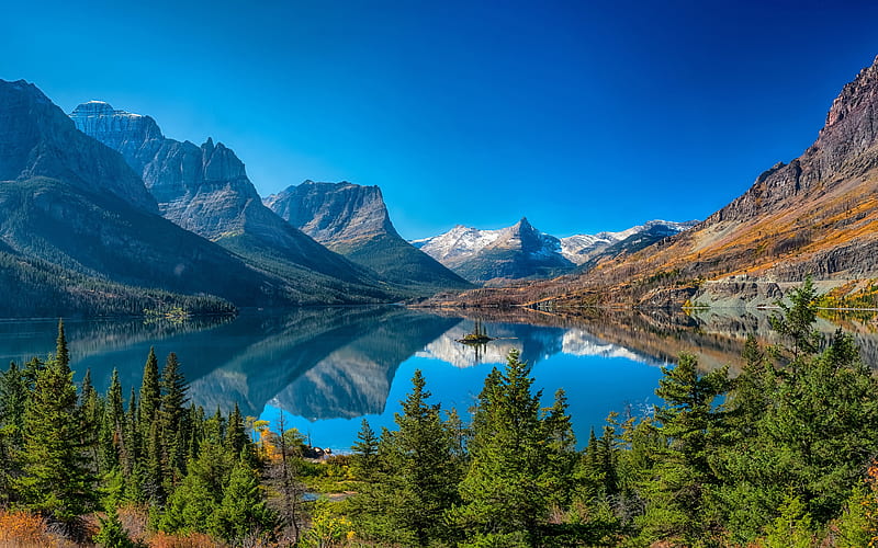 mountain lake, forest, mountain landscape, Saint Mary Lake, Rocky Mountains, Glacier National Park, Montana, USA, HD wallpaper