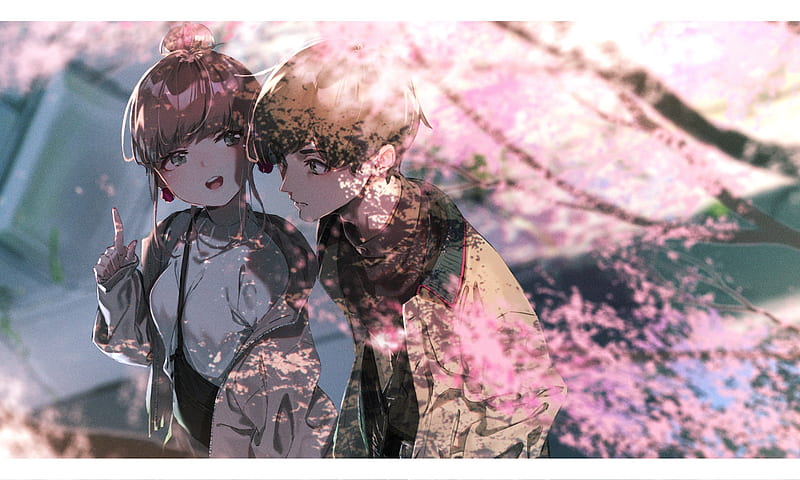 anime couple, sakura blossom, romance, cute, Anime, HD wallpaper