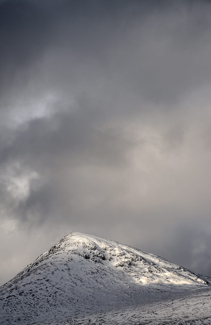 hill, peak, snowy, sky, clouds, gray, HD phone wallpaper