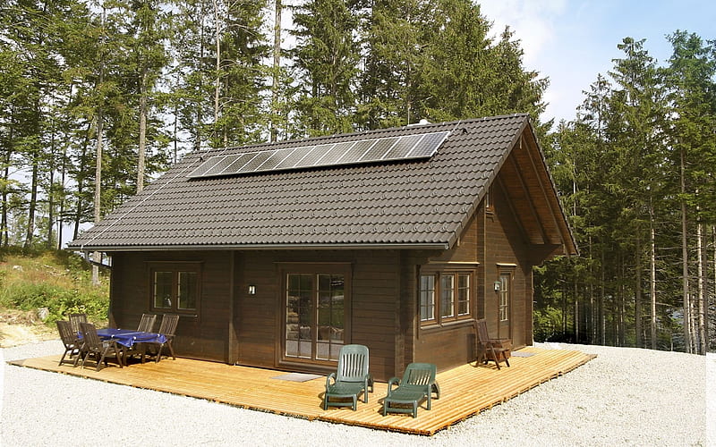 cottage, forest, solar panels, HD wallpaper