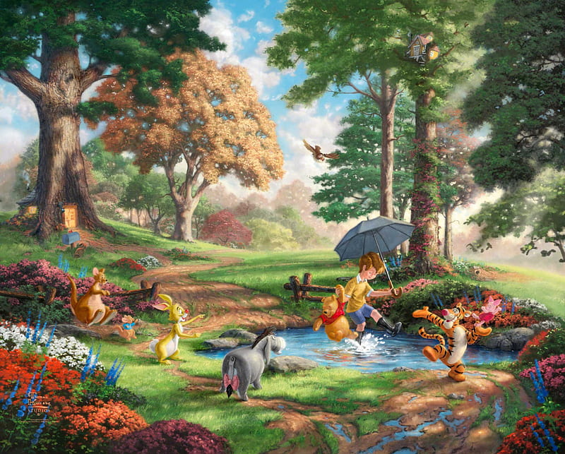 Winnie The Pooh I - Thomas Kinkade, art, Disney, 50-th anniversary, The Disney dreams collection, trees, Winniethe-Pooh, Thomas Kinkade, Kinkade, Winnie-The-Pooh and All, painting, flowers, Christopher Robin, Alan Alexander Milne, wood, Winnie the Pooh, HD wallpaper