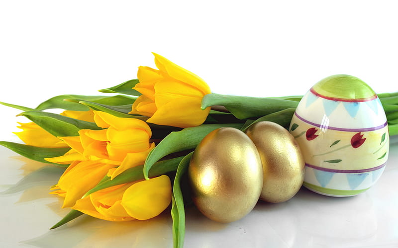 Easter, pretty, holidays, yellow tulip, yellow, bonito, still life, egg, graphy, green, love, siempre, flowers, beauty, tulips, tulip, lovely, easter eggs, holiday, fresh, golden, colors, spring, yellow tulips, bouquet, entertainment, eggs, nature, happy easter, fashion, HD wallpaper