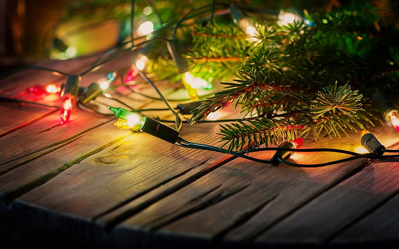 Christmas tree, garland, Christmas, lanterns, HD wallpaper