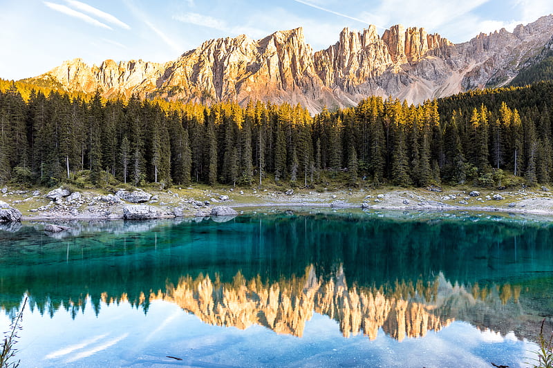 lake, mountains, trees, reflection, landscape, italy, HD wallpaper