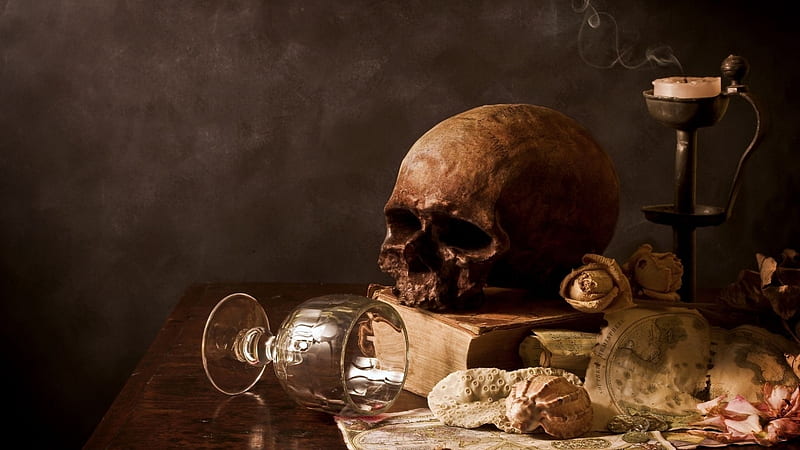 gothic table, glass, candle, skull, map, HD wallpaper