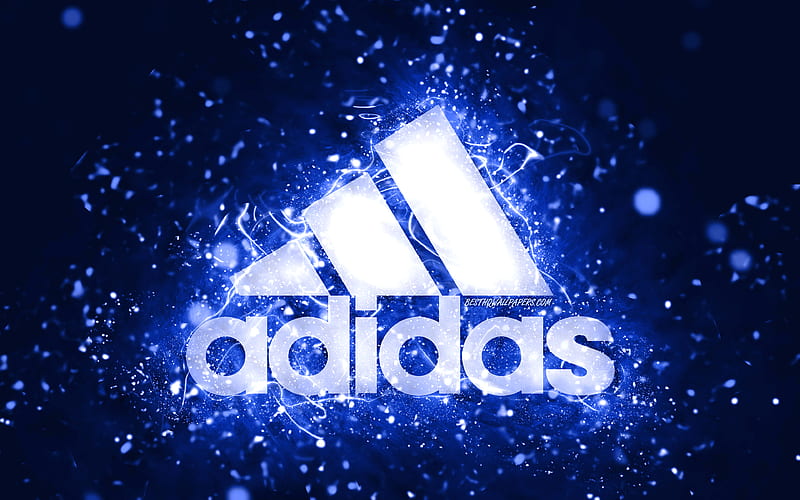 Adidas dark blue logo, dark blue neon lights, creative, dark blue abstract  background, HD wallpaper