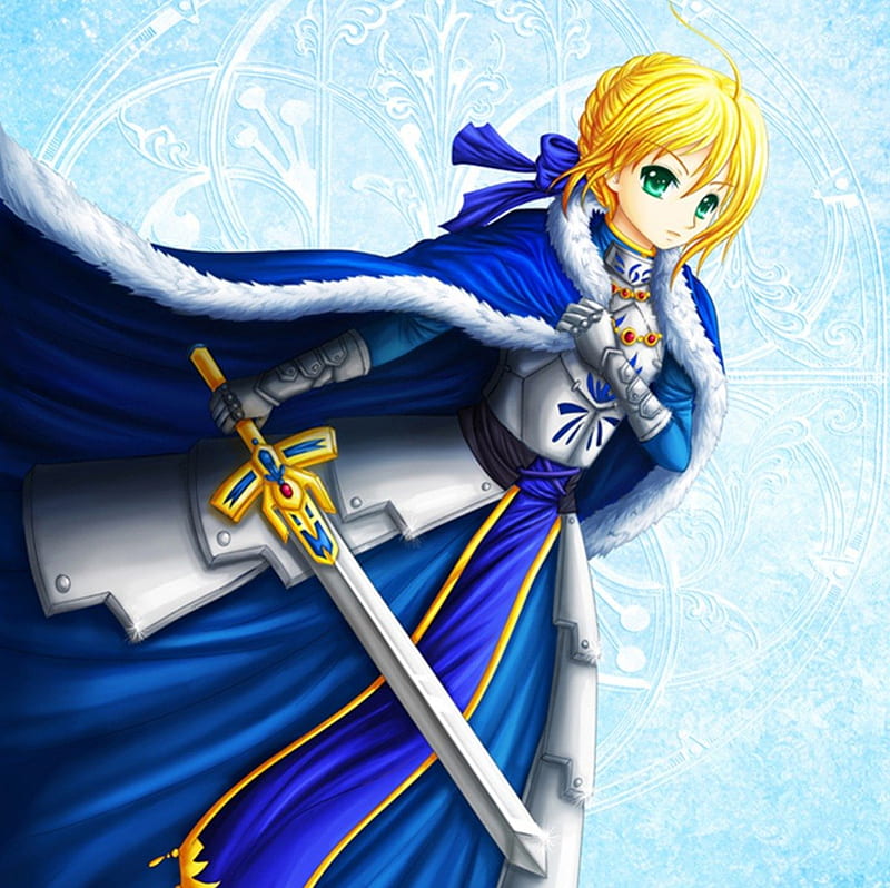 Saber, pretty, green eyes, sweet, nice, anime, beauty, anime girl, weapon, long hair, sword, lovely, excalibur, blonde, sexy, abstract, cute, knight, blond, lue, bonito, elegant, fate stay night, blade, hot, blue, gorgeous, female, blonde hair, blond hair, armor, warrior, girl, HD wallpaper