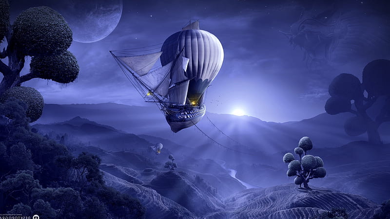 Moonlight Cruise, moonlight, creative, graphics, HD wallpaper