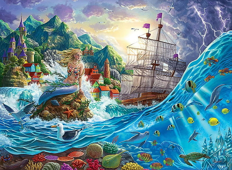 Mermaid, fish, luminos, peste, sea, water, fantasy, vara, ship, sergio botero, girl, summer, blue, HD wallpaper
