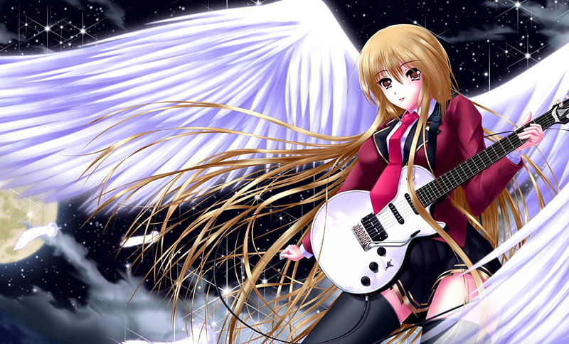 Angel Musician, cg, space, wing, sweet, fantasy, instrument, anime, feather, beauty, anime girl, realistic, long hair, star, wings, lovely, black, sky, sexy, happy, cute, guitar, divine, bonito, elegant, moon, hot, gorgeous, female, angel, brown hair, smile, 3d, girl, dark, HD wallpaper