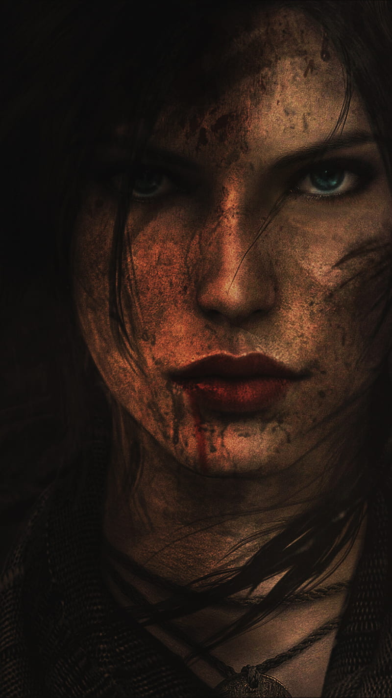 Lara Croft, Tomb Raider, video game girls, face, red lipstick, dirt, dark, video game art, HD phone wallpaper