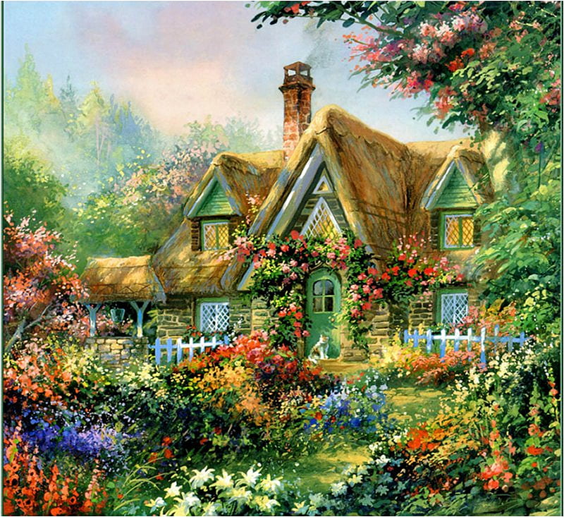 Cottage, art, tree, painting, flower, garden, nature, HD wallpaper