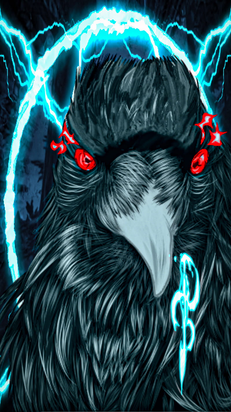 Black crow fire eyes, animated, art, cool, designe, illustration, mystery, perfect, skull, HD phone wallpaper