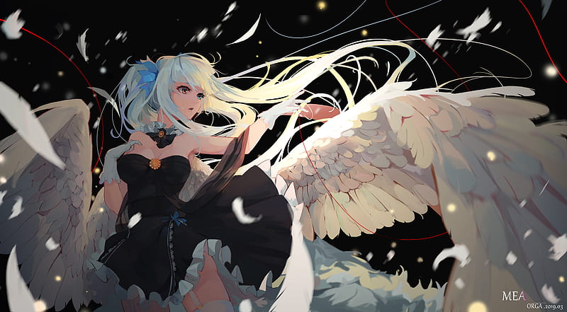 Angel, kagura mea, orga, feather, black, white, wings, wind, manga, girl, anime, HD wallpaper