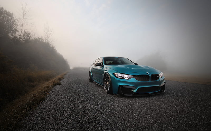 BMW M3, F80, exterior, tuning M3, M package, fog, forest, new blue M3, German sports cars, BMW, HD wallpaper