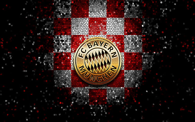 Bayern Munich FC, glitter logo, Bundesliga, red white checkered background, soccer, Bayern Munchen, german football club, Bayern Munich logo, mosaic art, football, Germany, FC Bayern, HD wallpaper