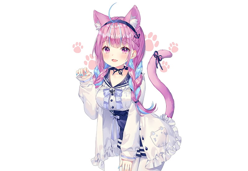 minato aqua, hololive, anime cat girl, virtual youtuber, tail, purple hair, Anime, HD wallpaper