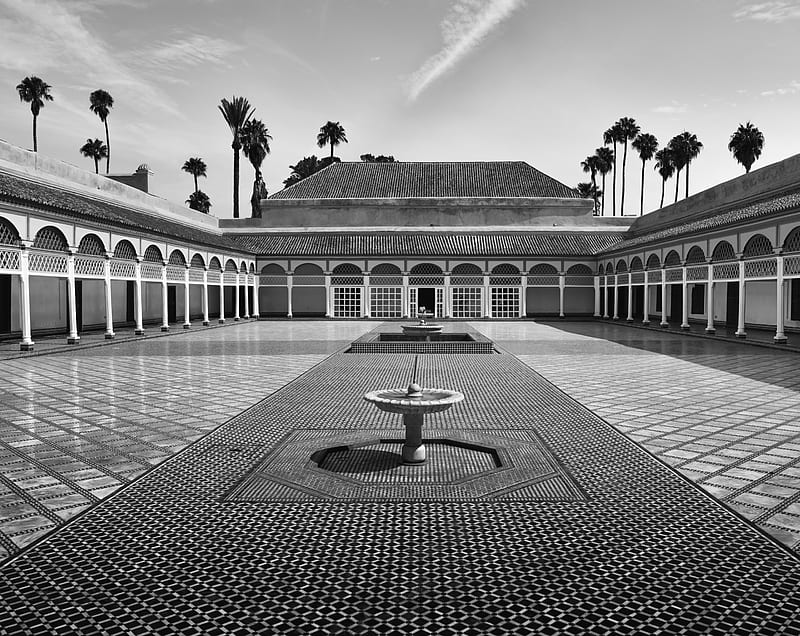 Bahia Palace Courtyard, Marrakesh, Morocco Ultra, Black and White, Architecture, graphy, Africa, Palace, Monochrome, Mosaic, Courtyard, blackandwhite, morocco, bahia, marrakech, medina, HD wallpaper