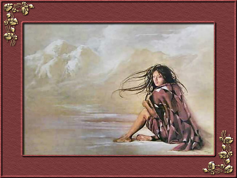 Dreamer 2, penni anne cross, art, indian, native american, penni cross, mountians, painting, portrait, dream, cross, HD wallpaper