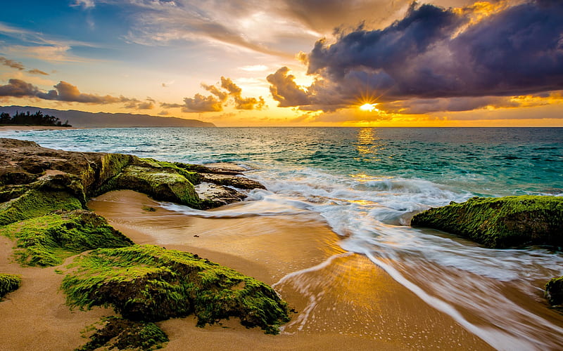 Coast, ocean, beach, sunset, Hawaii, clouds, tropics, HD wallpaper