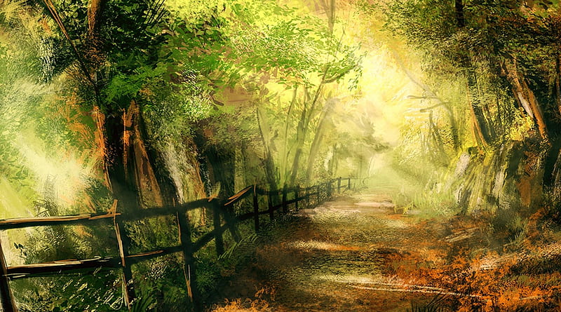 Forest Pathway, fence, forest, fall, autumn, woods, tranquil, cool, serene, painting, summer, path, trail, light, HD wallpaper