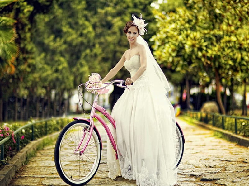 From This Momment, stone pathway, metal rail, bride, bicycle, park, trees, women, bouquet, flowers, HD wallpaper