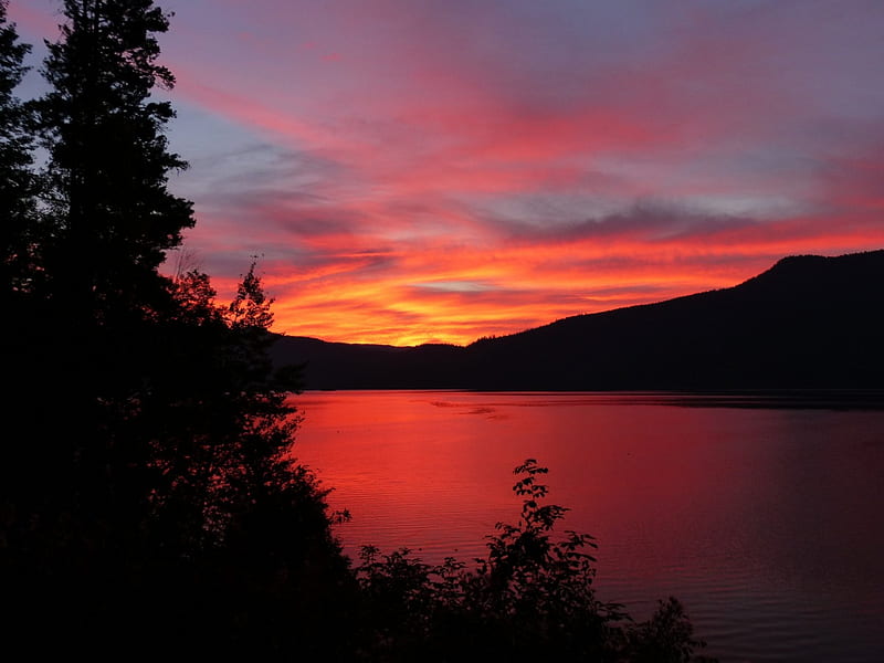 Canim Lake, hills, scenic, glowing, sky, water, mountains, nature, sunrise, landscape, HD wallpaper