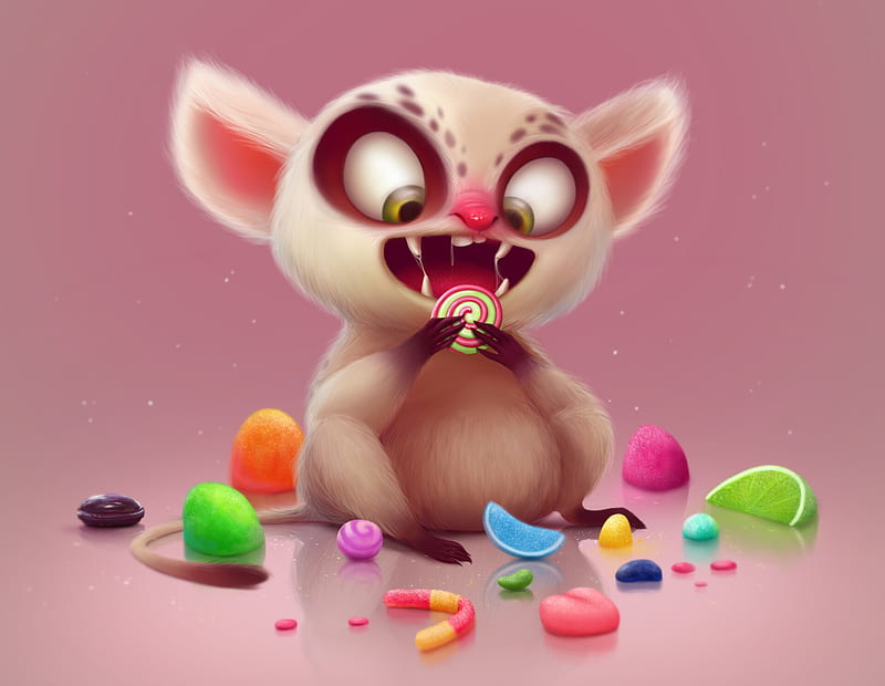 Candy monster, cute, candy, fantasy, luminos, halloween, masha druyan, monster, pink, HD wallpaper