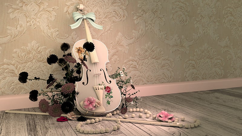 Violin, necklace, rose, alrun steiner, instrument, fantasy, flower, pearls, pink, HD wallpaper