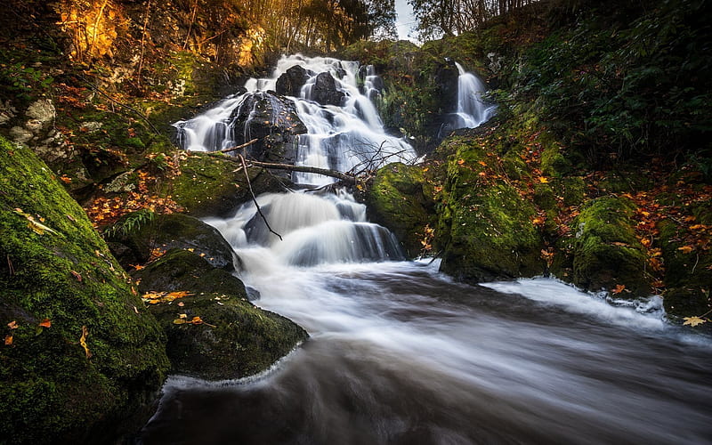 waterfall, mountains, autumn, Sweden, forest, HD wallpaper
