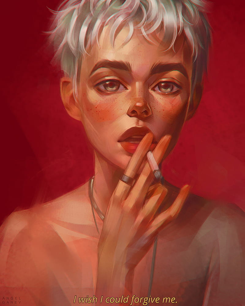 Angel Ganev, artwork, women, cigarettes, smoking, red background, simple background, face, portrait, short hair, red lipstick, HD phone wallpaper