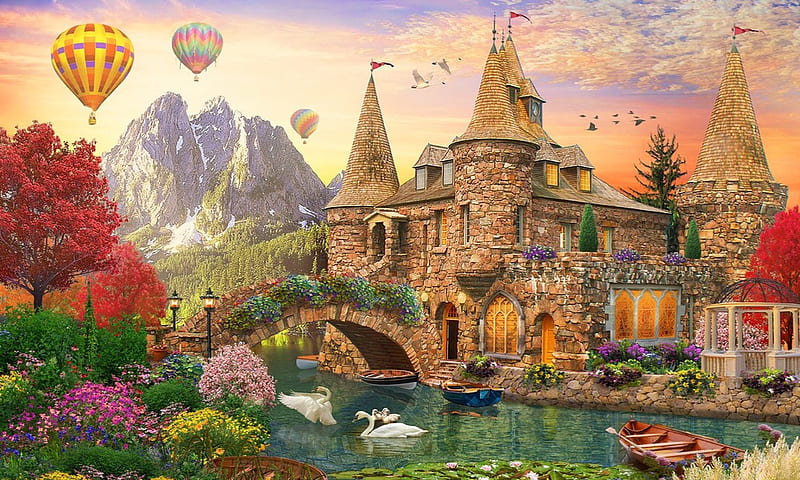 Fantasy Castle, balloons, moat, mountains, bonito, scenic, trees, water, Swans, fantasy, Castle, splendor, HD wallpaper