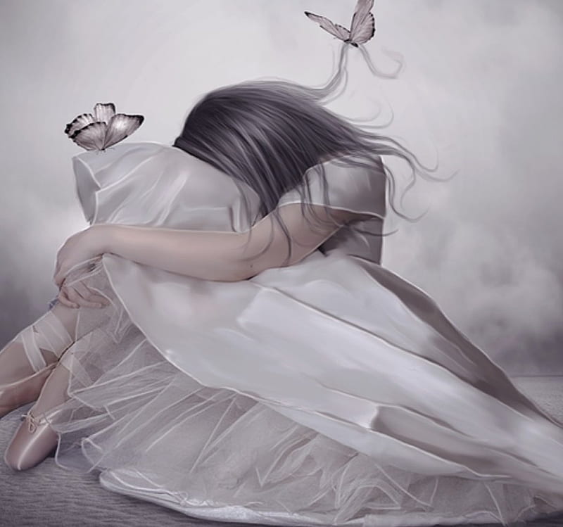 Trying to Forget You, fantasy, forget, sad, butterflies, lady, HD wallpaper