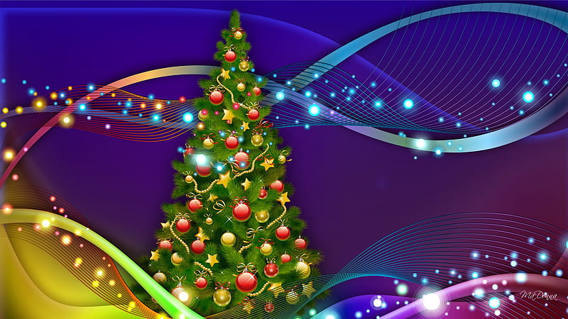 Christmas Tree So Bright, stars, feliz navidad, christmas, firefox persona, abstract, tree, purple, streamers, bright, blue, HD wallpaper